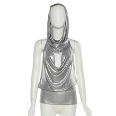 Metallic metal chain cowl neck ruched hoodie backless top