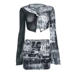 Mesh see through patchwork hollow out long sleeve mini skirt set