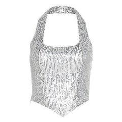Beaded halter zip-up backless solid sleeveless crop top