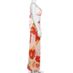 Hollow out v neck backless self tie flower print maxi dress