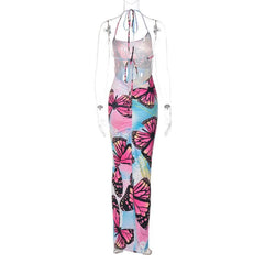 Butterfly pattern ruched backless halter contrast maxi dress