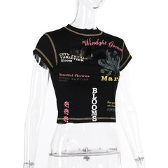 Contrast print short sleeve stitch hollow out crewneck crop top