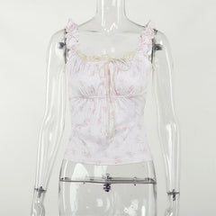 Flower print contrast sleeveless lace hem ruched top