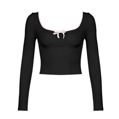 Square neck bowknot contrast long sleeve crop top