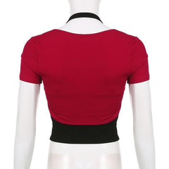 Buckle abstract contrast halter short sleeve 2 piece crop top