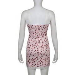 Cherry print contrast lace hem v neck sleeveless mini dress