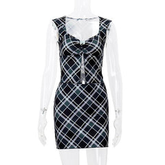 Cap sleeve plaid bowknot slit mini skirt set