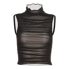 Mesh sleeveless ruched high neck ruffle crop top - Final Sale