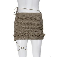 Crochet hollow out solid lace up ruffle mini skirt