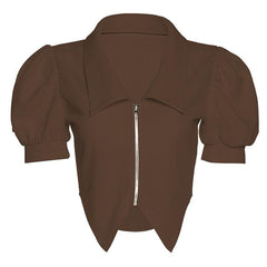 Turnover collar textured zip up front puff short sleeve solid top