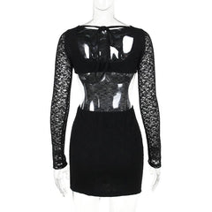 Lace solid long sleeve backless hollow out self tie mini dress