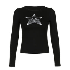 Star pattern long sleeve crewneck contrast top