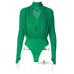 V neck solid ruched gloves high neck long sleeve bodysuit