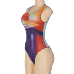 Sleeveless round neck sheer mesh ruffle contrast print bodysuit