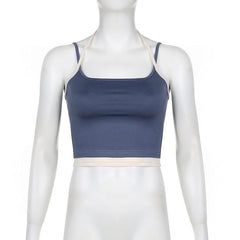 Contrast patchwork halter backless sleeveless crop top