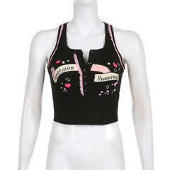 Button "sweetwon" pattern sleeveless lace hem contrast crop top - Final Sale