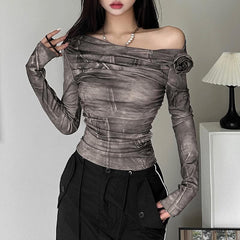 Flower applique off shoulder ruched long sleeve top