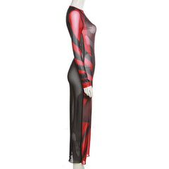 Long sleeve contrast sheer mesh see through midi dress