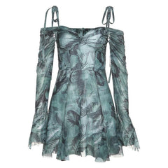 Long sleeve tie dye off shoulder ruched sweetheart neck self tie backless mini dress