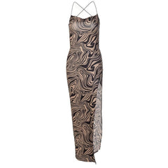 Ripple contrast print cross back slit cowl neck backless midi dress