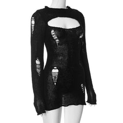 Crochet hollow out solid long sleeve mini dress