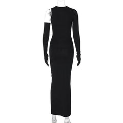 Long sleeve gloves irregular hollow out crewneck maxi dress