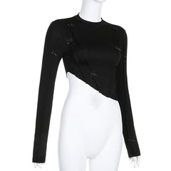 Stitch bowknot irregular solid crewneck long sleeve crop top