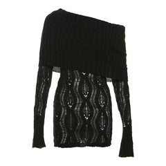 Crochet off shoulder long sleeve hollow out mini dress