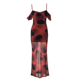 Polka dot mesh contrast off shoulder ruched cami maxi dress