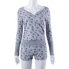 Contrast print long sleeve button patchwork pant set