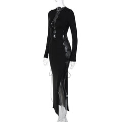 Long sleeve solid hollow out slit self tie lace up midi dress