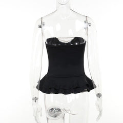 Lace up contrast ruffle corset notch neck tube crop top