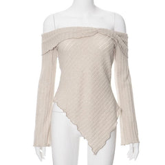 Textured irregular ruffle off shoulder long sleeve top