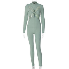 Hollow out long sleeve solid zip-up high neck jumpsuit