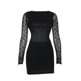 Lace solid long sleeve backless hollow out self tie mini dress