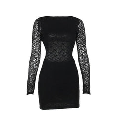 Lace solid long sleeve backless hollow out self tie mini dress