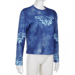 Butterfly pattern long sleeve tie dye crewneck top