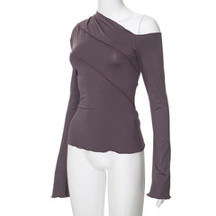 Stitch solid irregular long sleeve ruffle off shoulder top