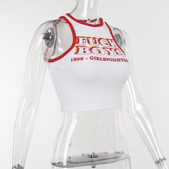 Contrast "FXXK BOYS" pattern ribbed sleeveless crop top
