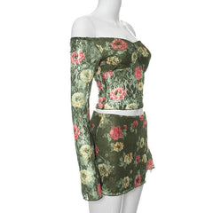 Long sleeve off shoulder flower print lace contrast mini skirt set