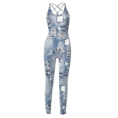 Denim print cross back u neck sleeveless jumpsuit