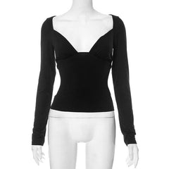 Solid v neck long sleeve hollow out top