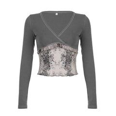 Leopard print mesh patchwork long sleeve v neck top