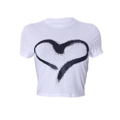 Heart pattern contrast short sleeve crewneck crop top