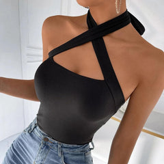 Cross front self tie hollow out solid ribbed top