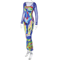 Long sleeve contrast abstract mesh midi dress