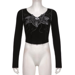 Stitch long sleeve abstract notch neck contrast crop top