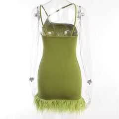 Solid irregular feather patchwork backless mini dress