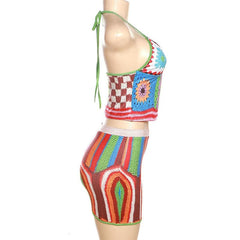 Striped v neck halter self tie contrast backless mini skirt set
