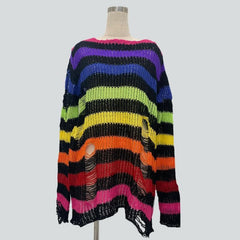 Gradient hollow out contrast striped long sleeve crochet top